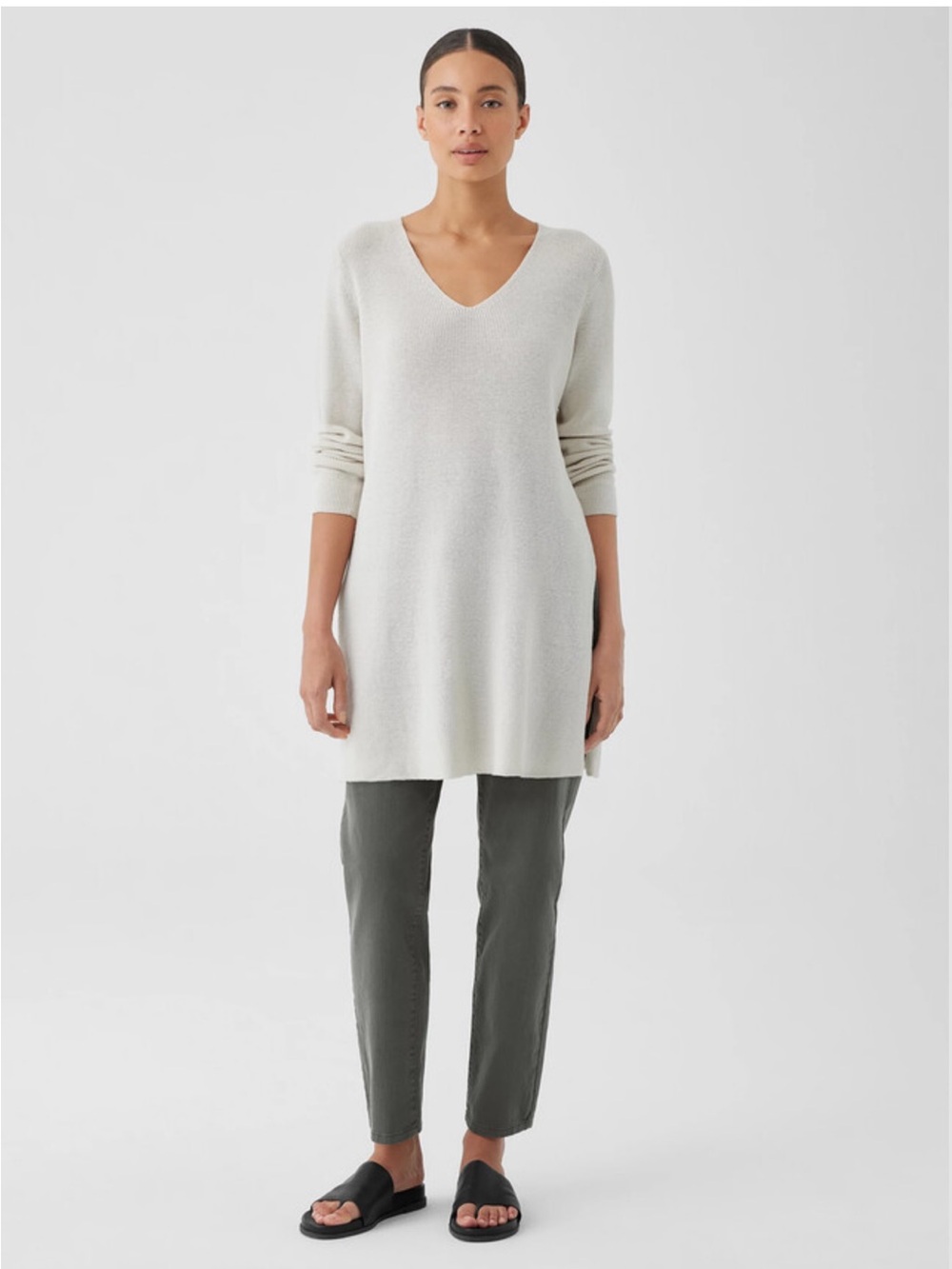Eileen Fisher Peruvian Organic Cotton Crepe V-Neck Long Top